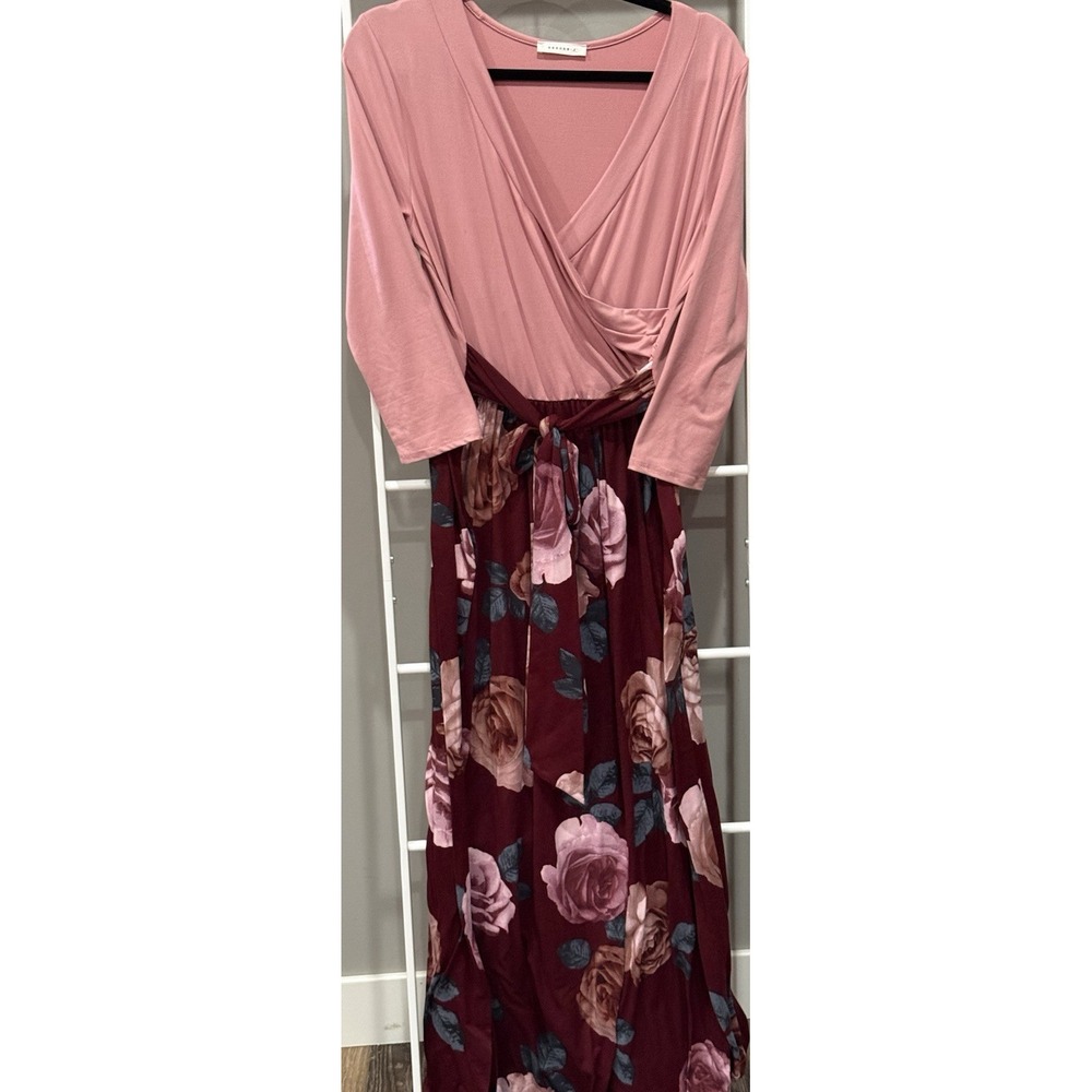 Reborn J Pink Burgundy Floral Wrap Maxi Dress  L Boho Romantic Garden Party